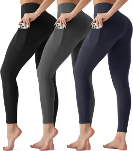 3 Pack Leggings with Pockets for Women,Butt Lift High Waisted Tummy Control Workout Yoga Pants Reg & Plus Size