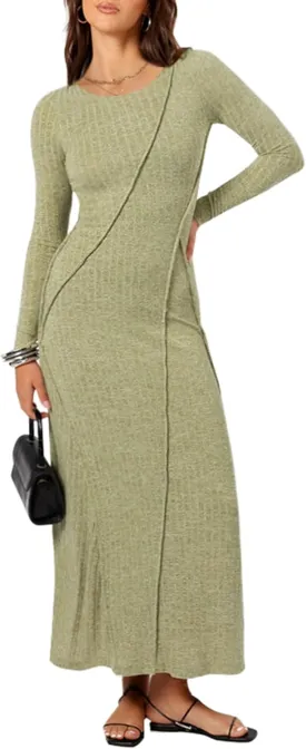 Annebouti Womens 2025 Spring Long Sleeve Ribbed Knit Sweater Maxi Dress Elegant Crew Neck Wedding Guest Long Dresses