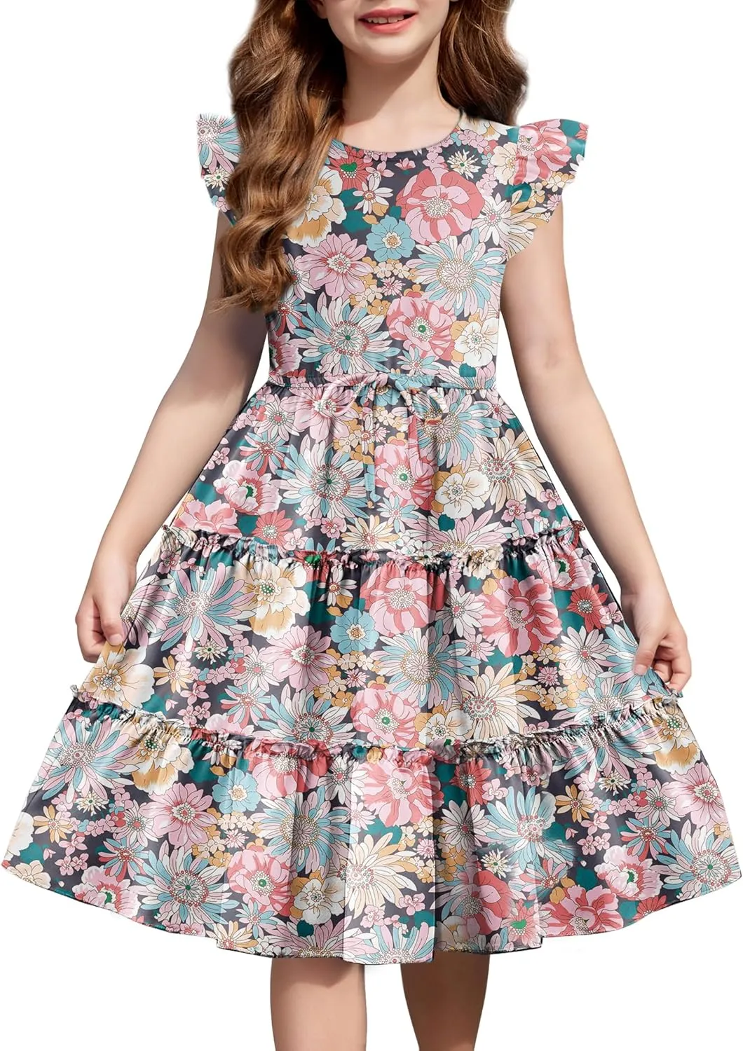 Arshiner Girl's Summer Dress Ruffle Sleeve Tiered Casual Party Dresses with Pockets 5-12 Years