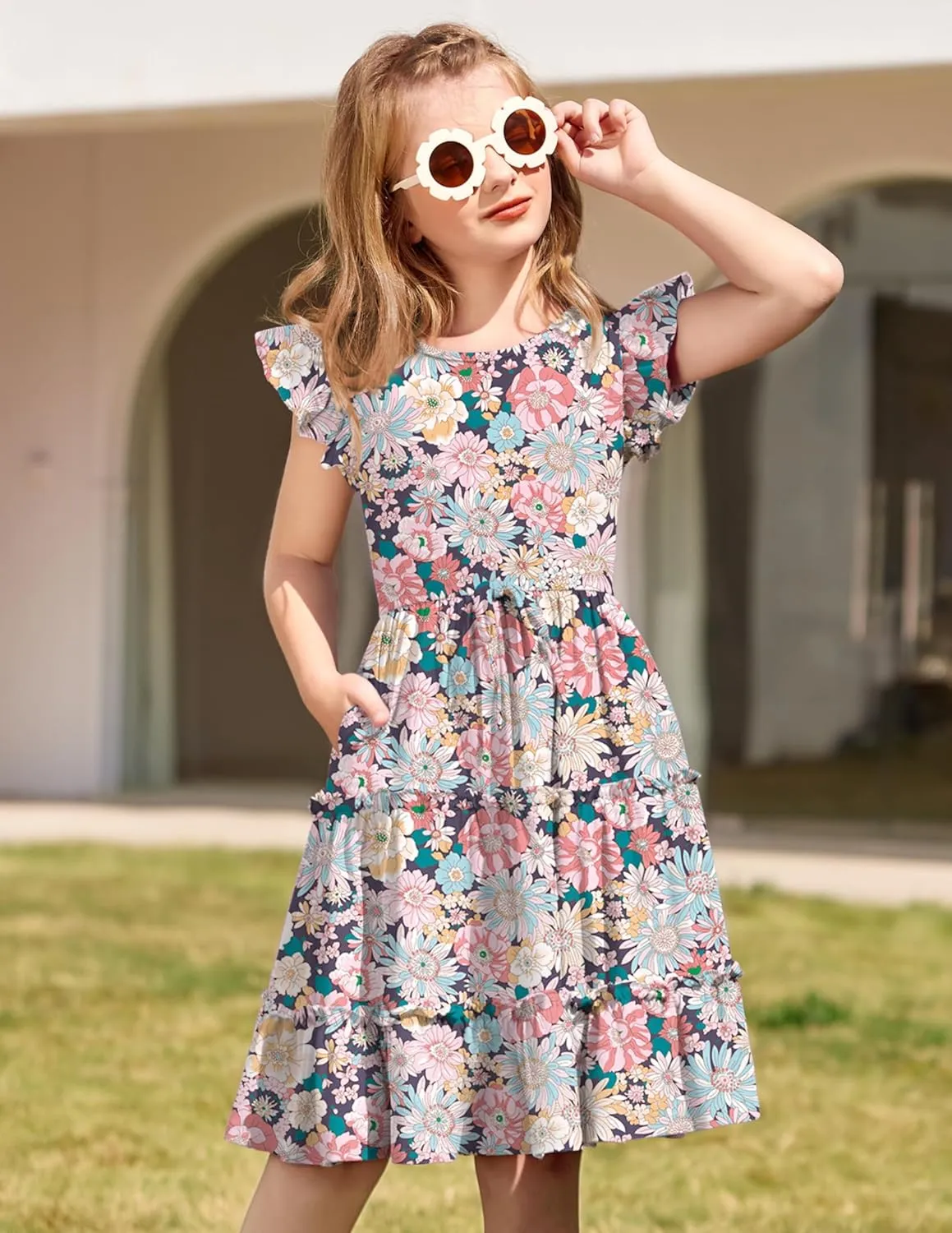 Arshiner Girl's Summer Dress Ruffle Sleeve Tiered Casual Party Dresses with Pockets 5-12 Years
