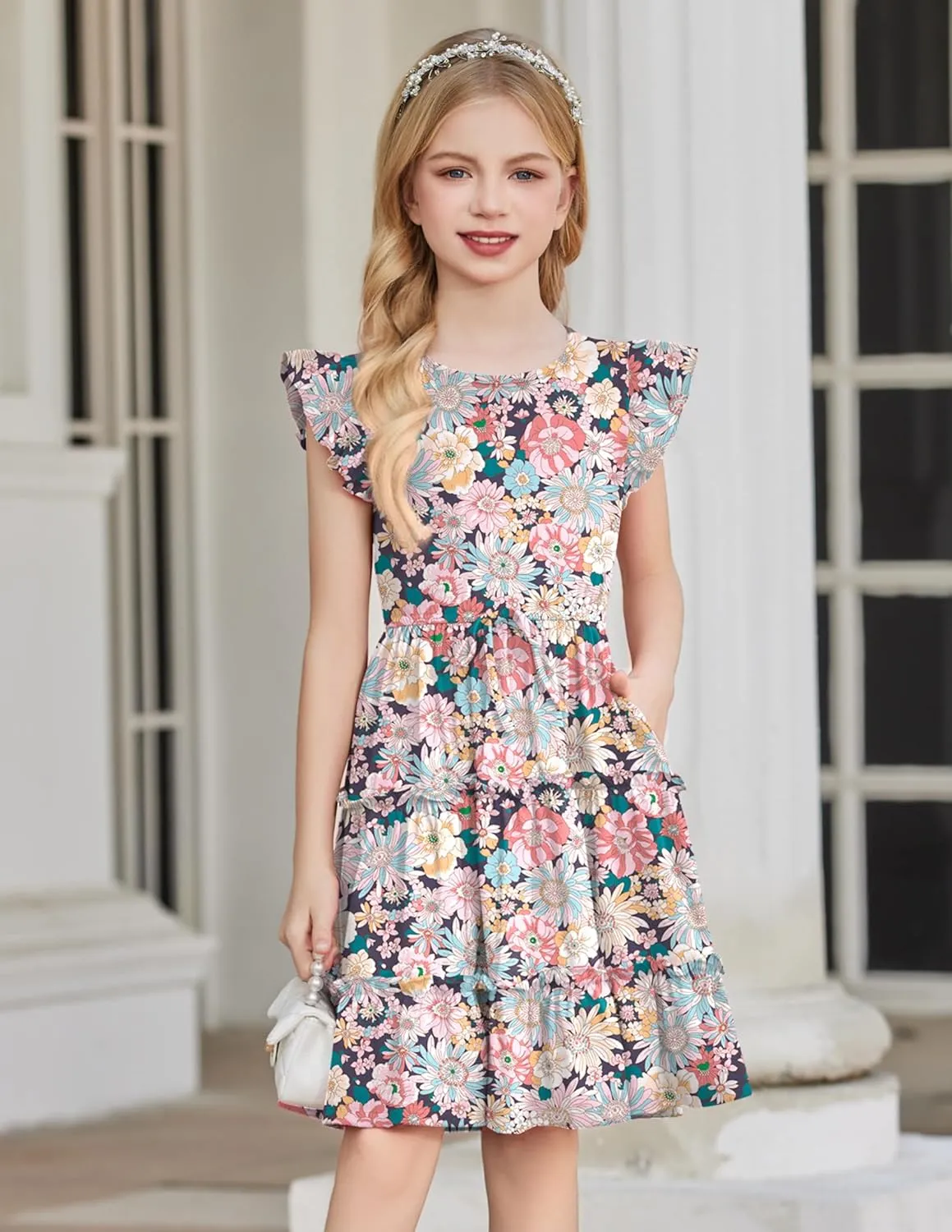 Arshiner Girl's Summer Dress Ruffle Sleeve Tiered Casual Party Dresses with Pockets 5-12 Years
