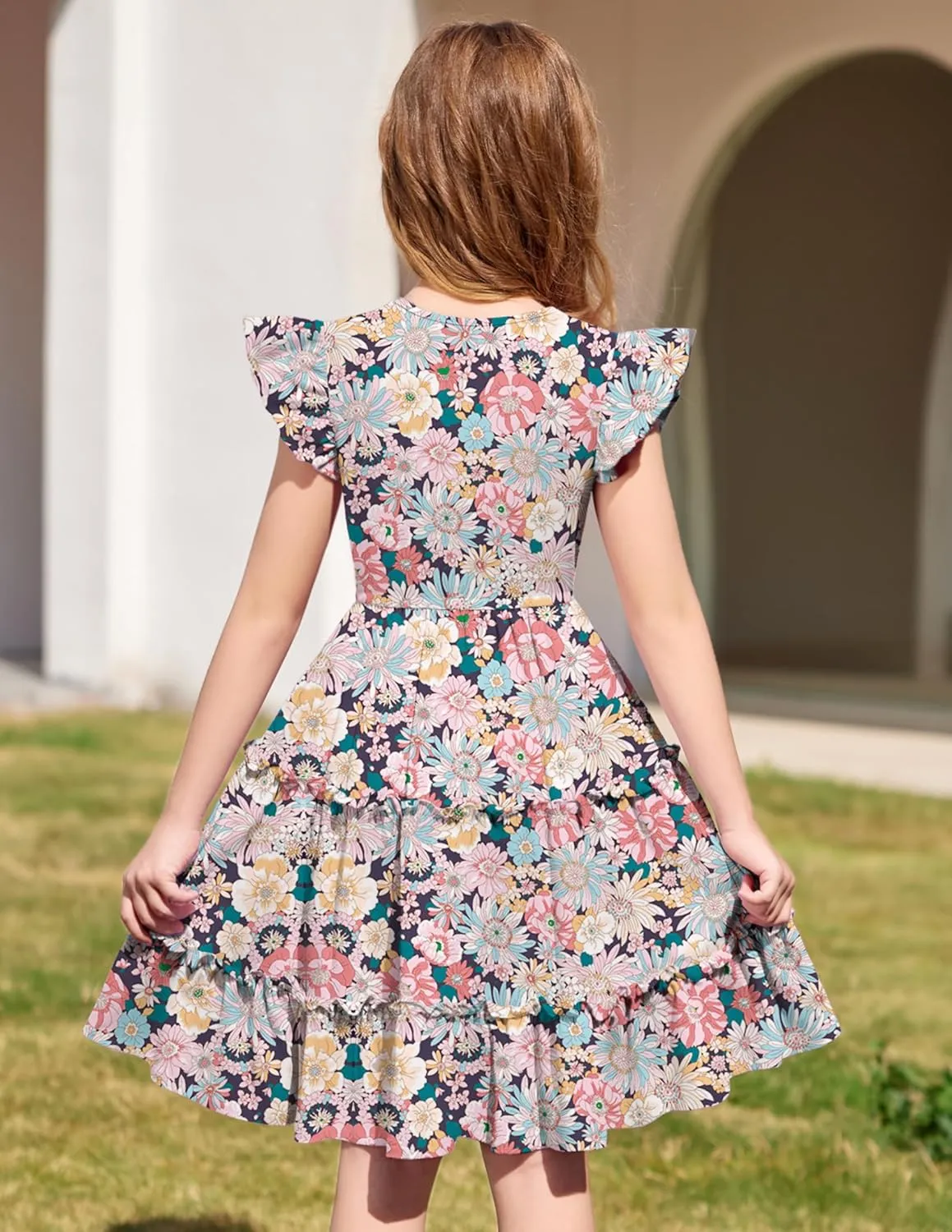 Arshiner Girl's Summer Dress Ruffle Sleeve Tiered Casual Party Dresses with Pockets 5-12 Years