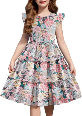 Arshiner Girl's Summer Dress Ruffle Sleeve Tiered Casual Party Dresses with Pockets 5-12 Years