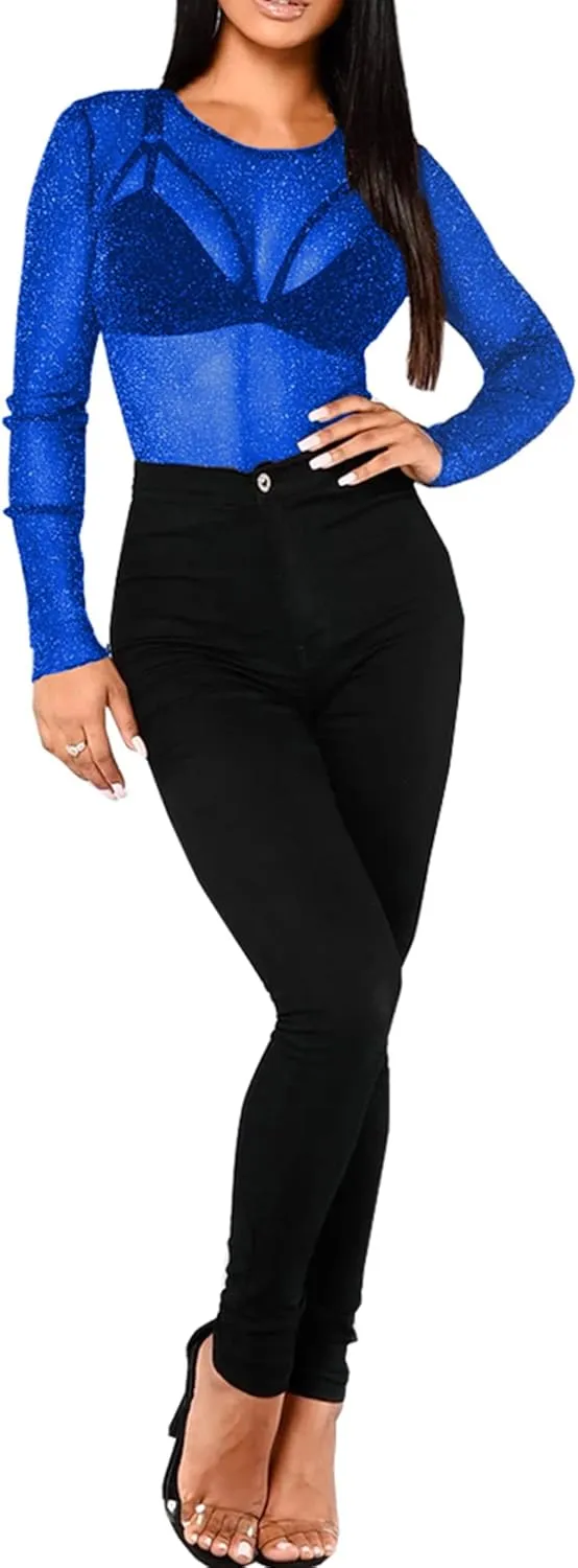 BelleLovin Women's Sheer Mesh Tops Long Sleeve Glitter Sexy Tops See Through Blouses