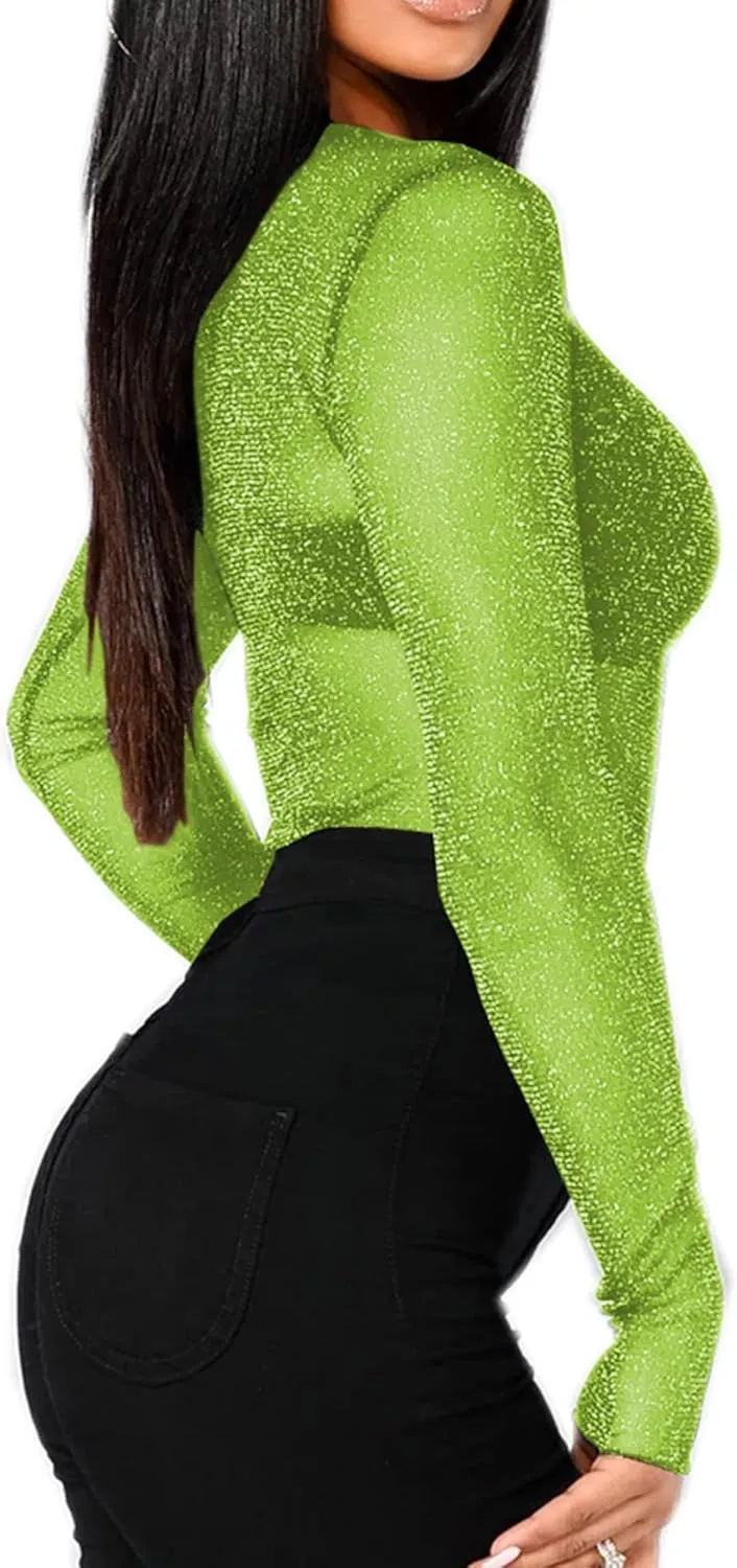 BelleLovin Women's Sheer Mesh Tops Long Sleeve Glitter Sexy Tops See Through Blouses