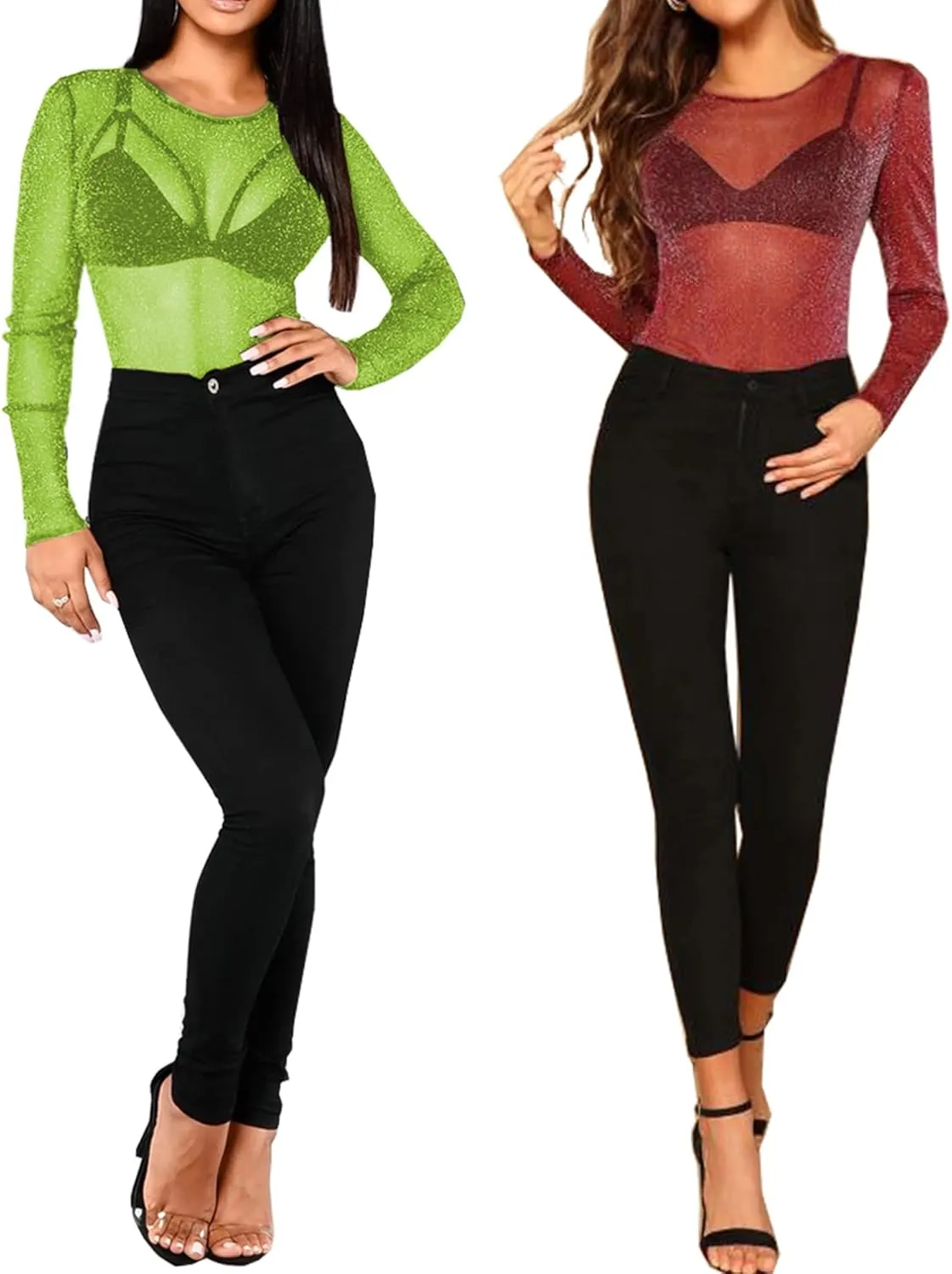 BelleLovin Women's Sheer Mesh Tops Long Sleeve Glitter Sexy Tops See Through Blouses