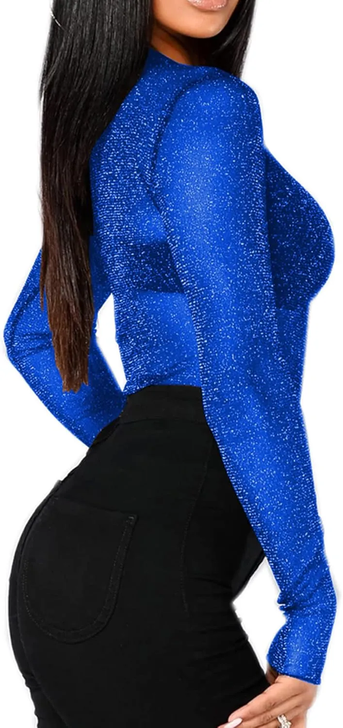 BelleLovin Women's Sheer Mesh Tops Long Sleeve Glitter Sexy Tops See Through Blouses