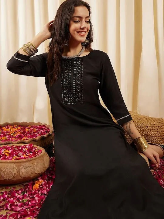 BlackFloral Yoke Design Thread Work Straight Kurta