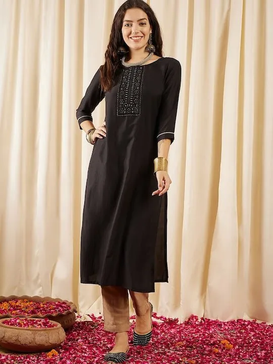 BlackFloral Yoke Design Thread Work Straight Kurta