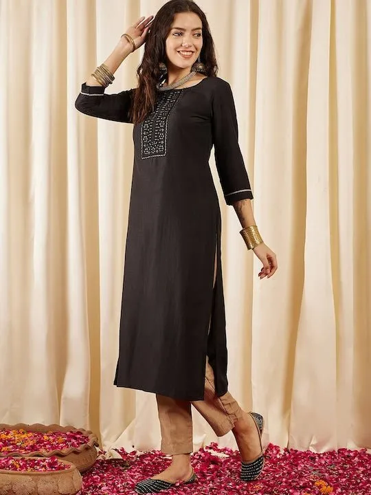 BlackFloral Yoke Design Thread Work Straight Kurta