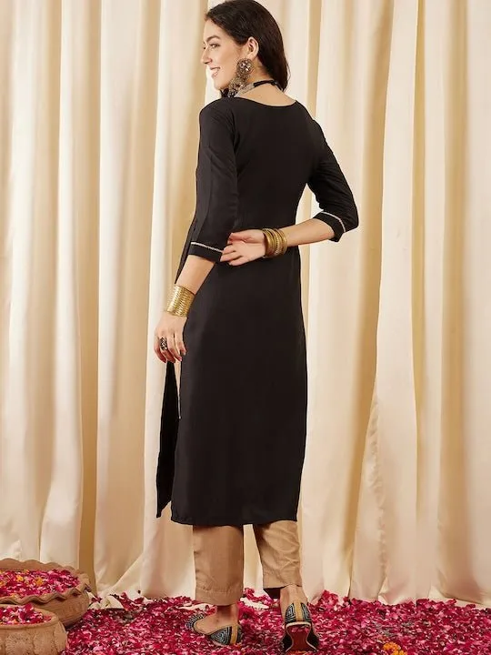 BlackFloral Yoke Design Thread Work Straight Kurta