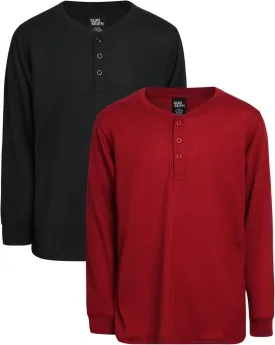 Boys' Shirt - 2 Pack Waffle Knit V-Neck or Henley Long Sleeve Thermal T-Shirt - Baselayer Shirt for Boys (8-18)