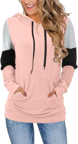 CATHY Women's Casual Drawstring Pullover Tunic Top Long Sleeve Color Block Hoodie Sweatshirts With Pocket