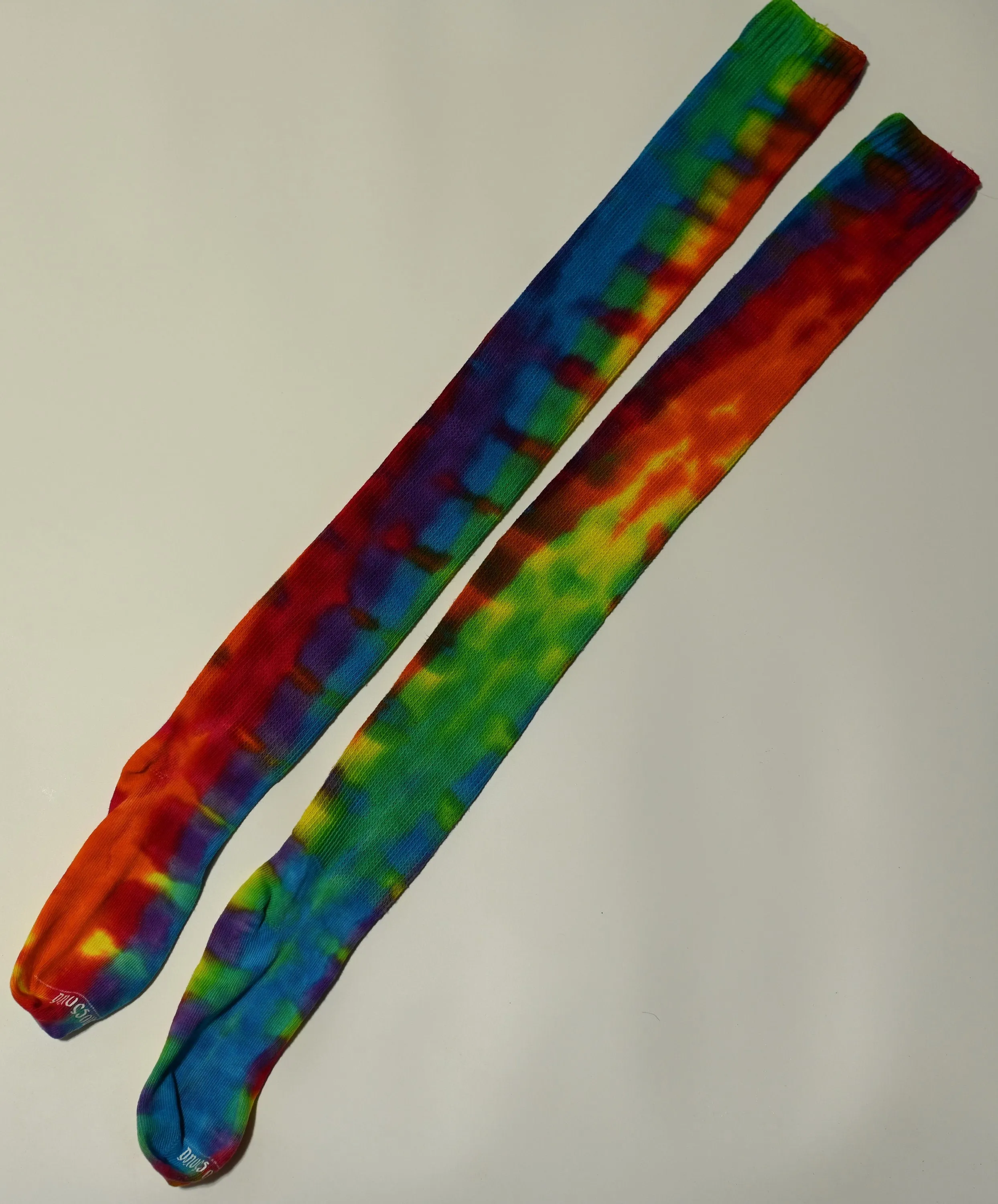 Colorful Trippy Weaver Tie Dye on a Pair of Dharma Trading Company Cotton Blend (89% Cotton/9 Nylon/2 Spandex) Thigh High Socks