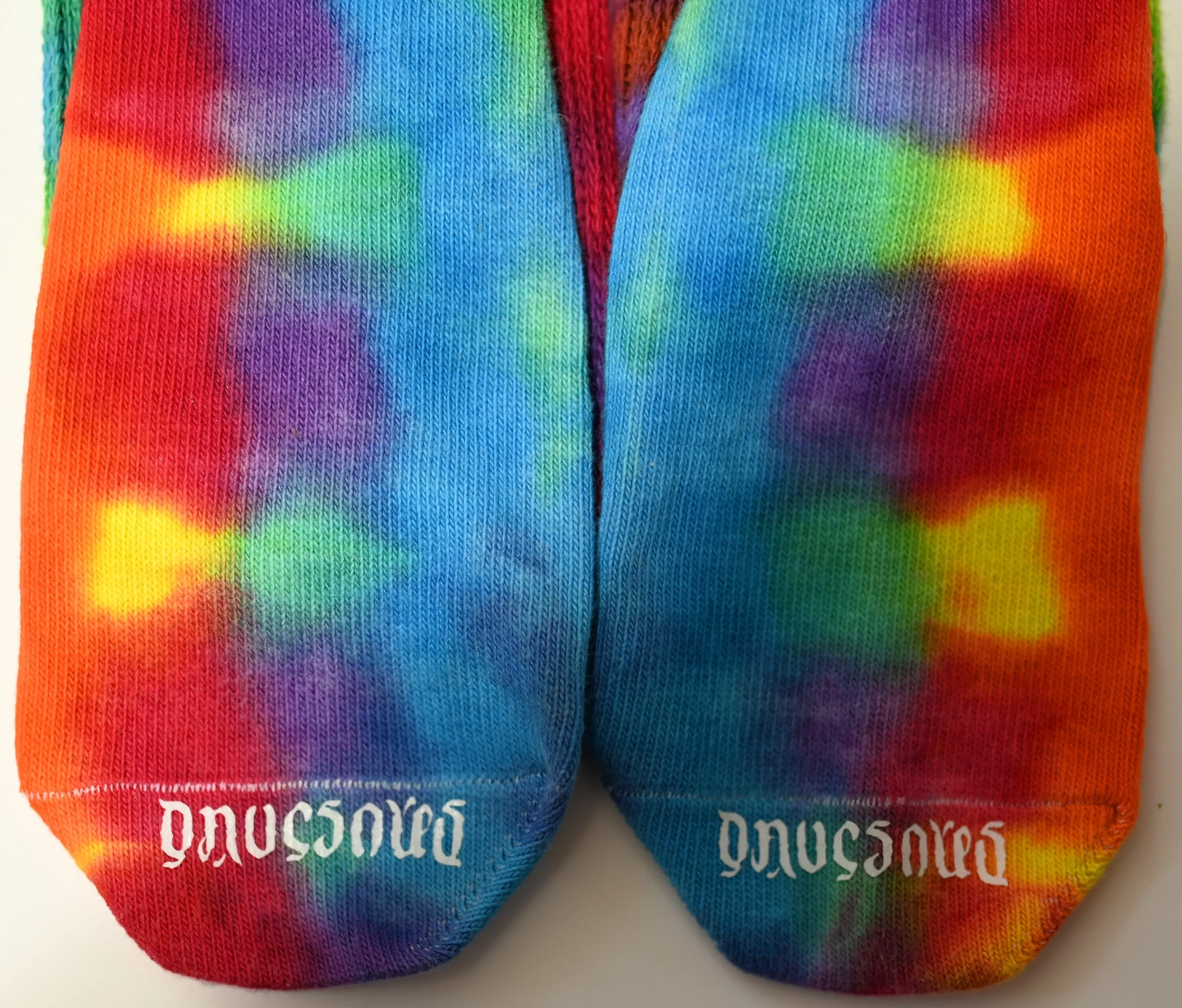 Colorful Trippy Weaver Tie Dye on a Pair of Dharma Trading Company Cotton Blend (89% Cotton/9 Nylon/2 Spandex) Thigh High Socks