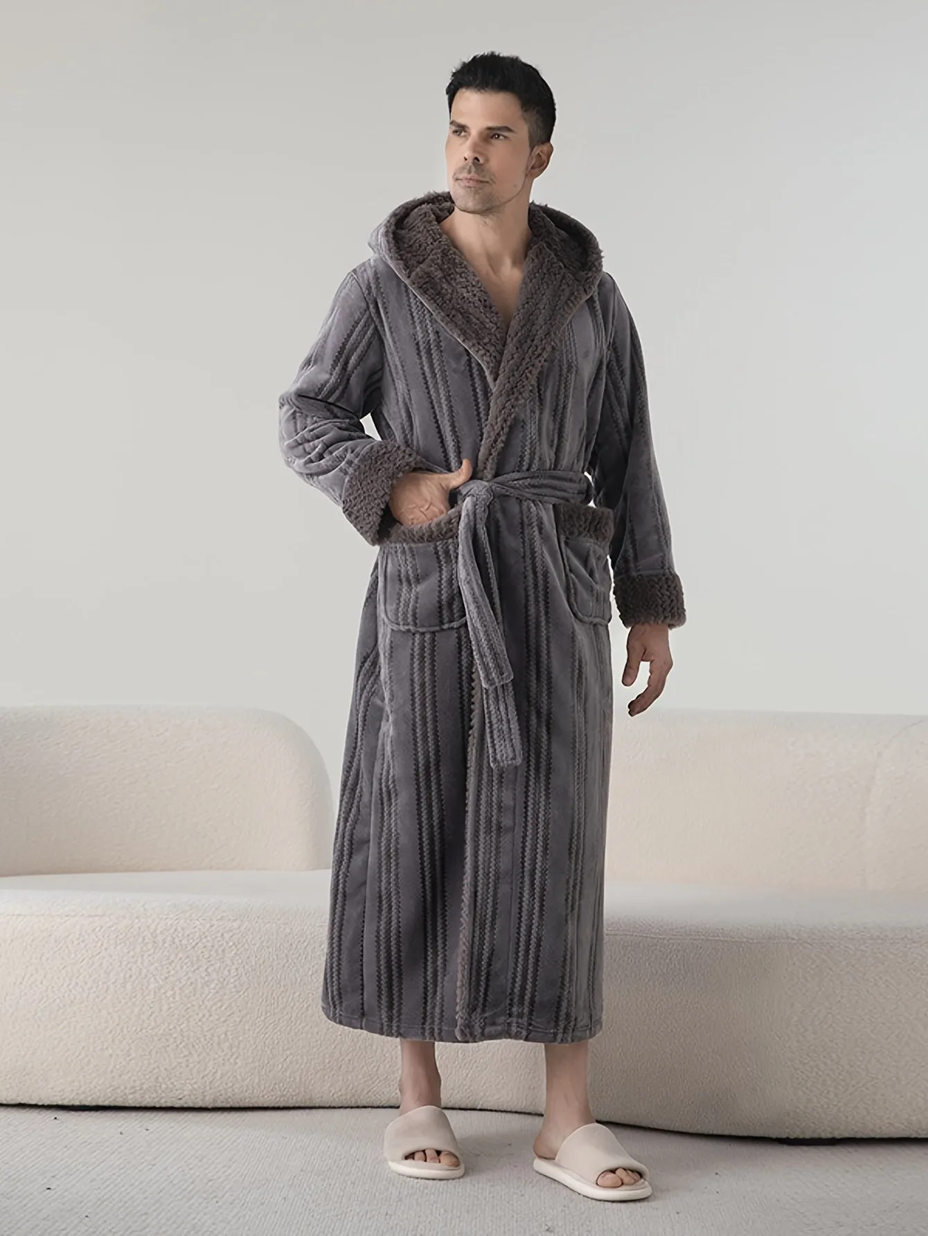 Cozy Plus-Size Hooded Bathrobe For Couples - Thick Double-Layer Jacquard Sleepwear With V-Neck & Pockets, Machine Washable - Perfect For Fall/Winter