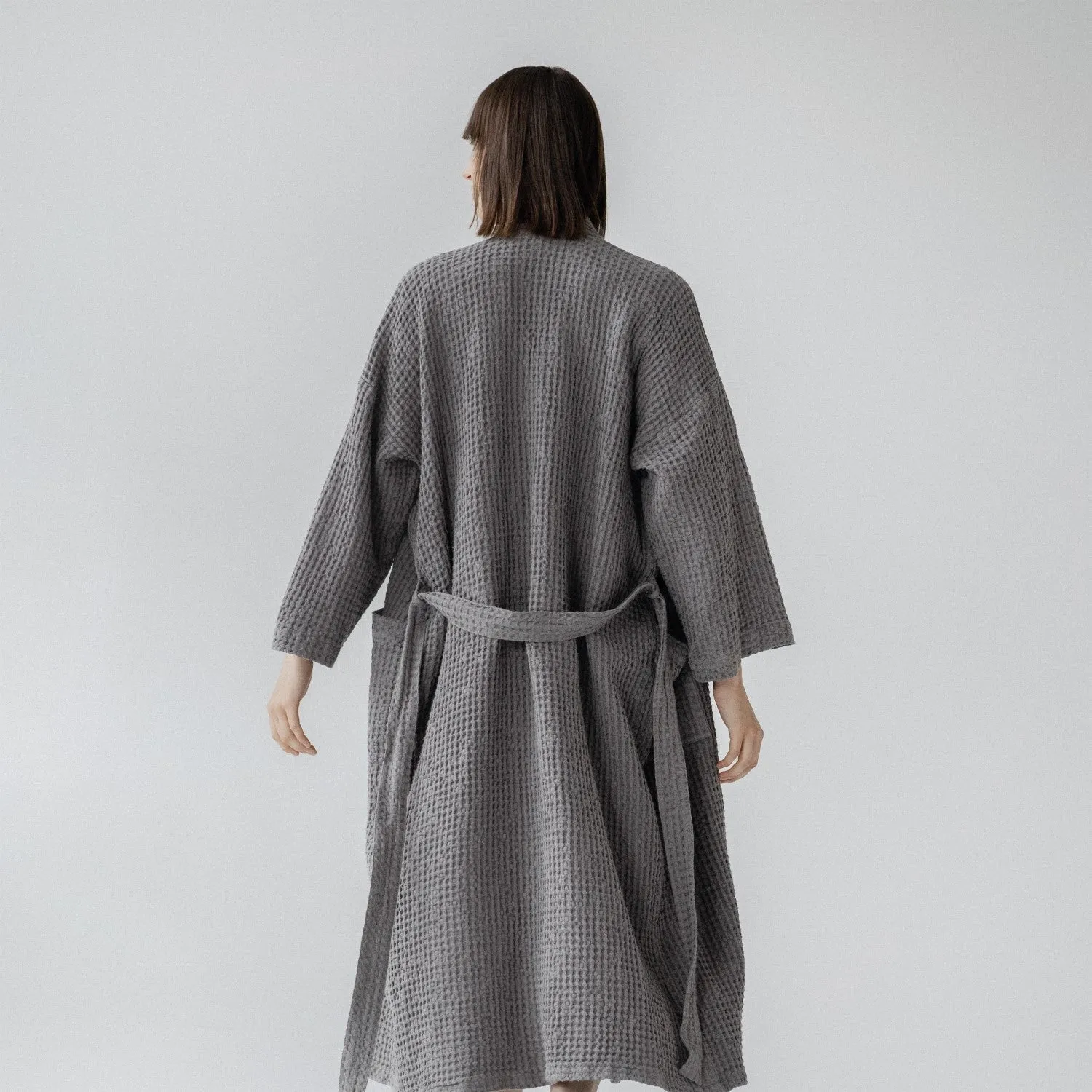 Dark Grey Linen & Cotton Waffle Bathrobe