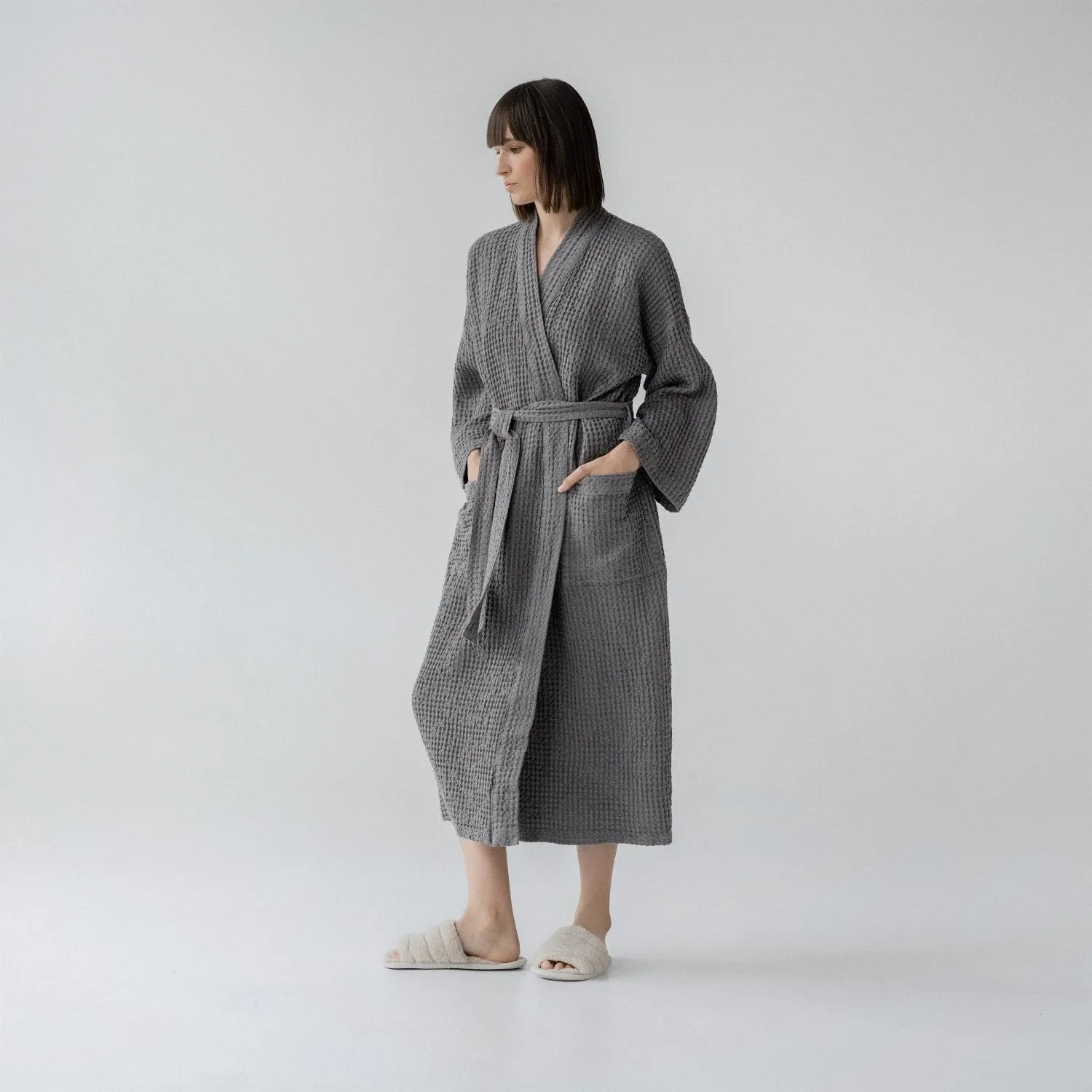 Dark Grey Linen & Cotton Waffle Bathrobe