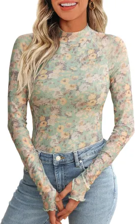 Dealmore Lace Long Sleeve Floral Mesh Mockneck Going Out Tops for Women Fashion Fall Outfits 2025