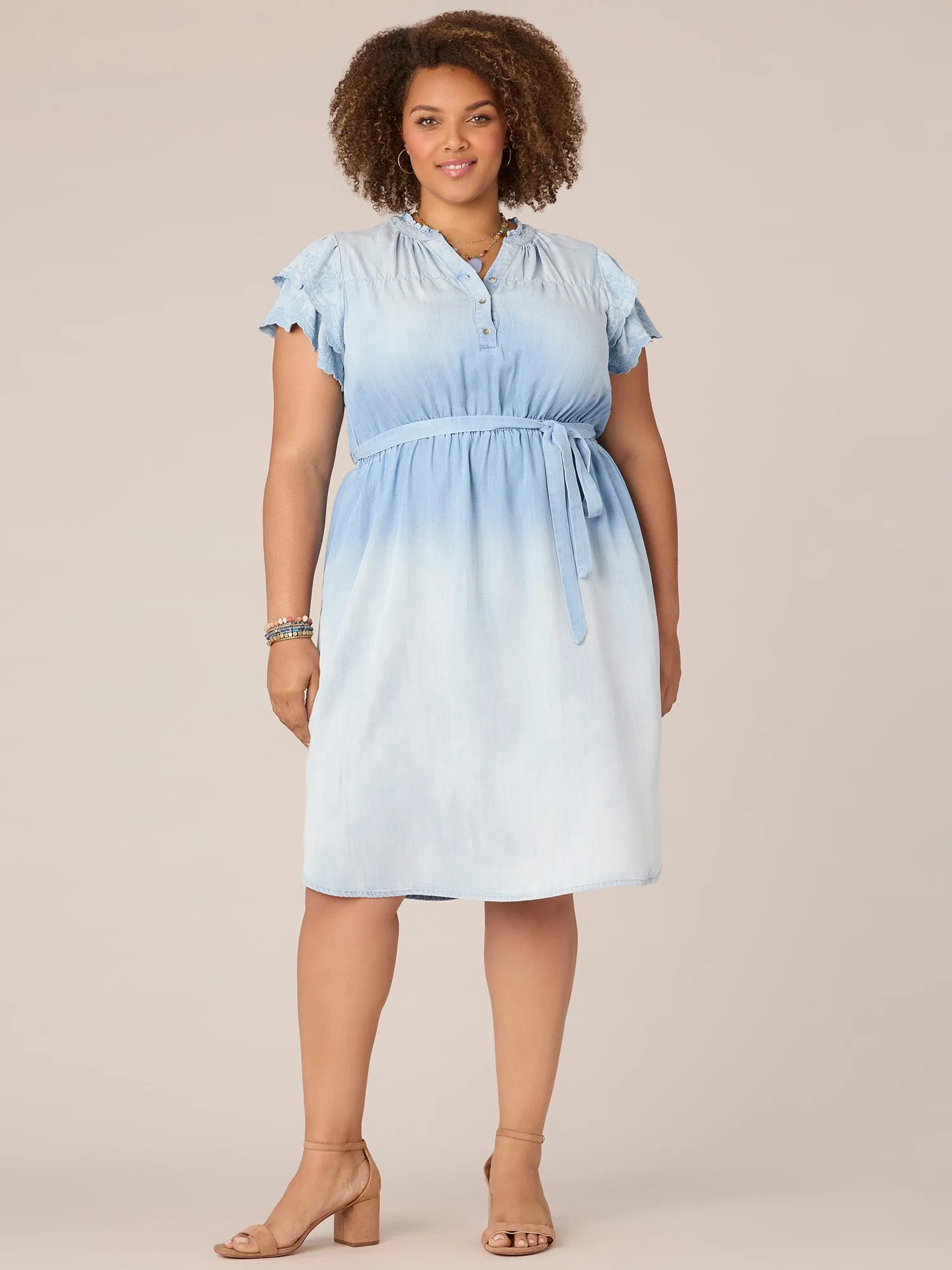 Double Flutter Sleeve Ruffle Edge Neck Self Tie Plus Size Woven Dress