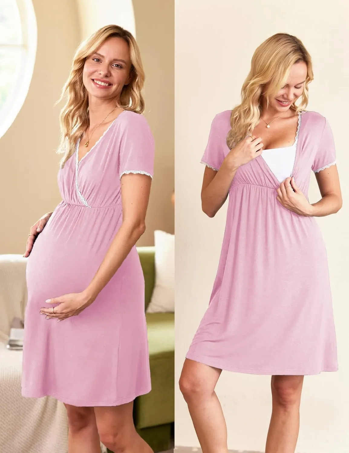 Ekouaer Nursing Nightgown 2 Packs Delivery and Labor Gown for Hospital Short Sleeve Maternity Breastfeeding Dress