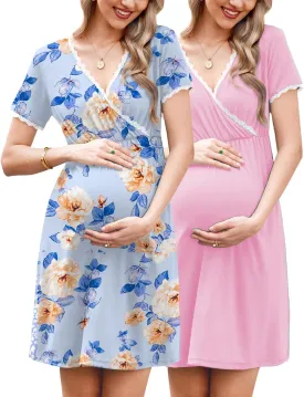 Ekouaer Nursing Nightgown 2 Packs Delivery and Labor Gown for Hospital Short Sleeve Maternity Breastfeeding Dress