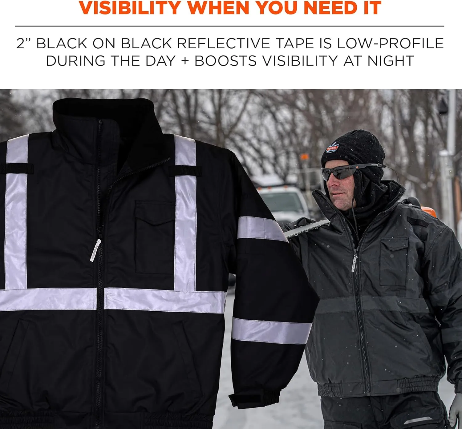 Ergodyne GloWear 8377EV Reflective Winter Bomber Jacket, Enhanced Visibility for Night or Low Light Conditions, Thermal Insulation, Water Resistant , Black , XX-Large