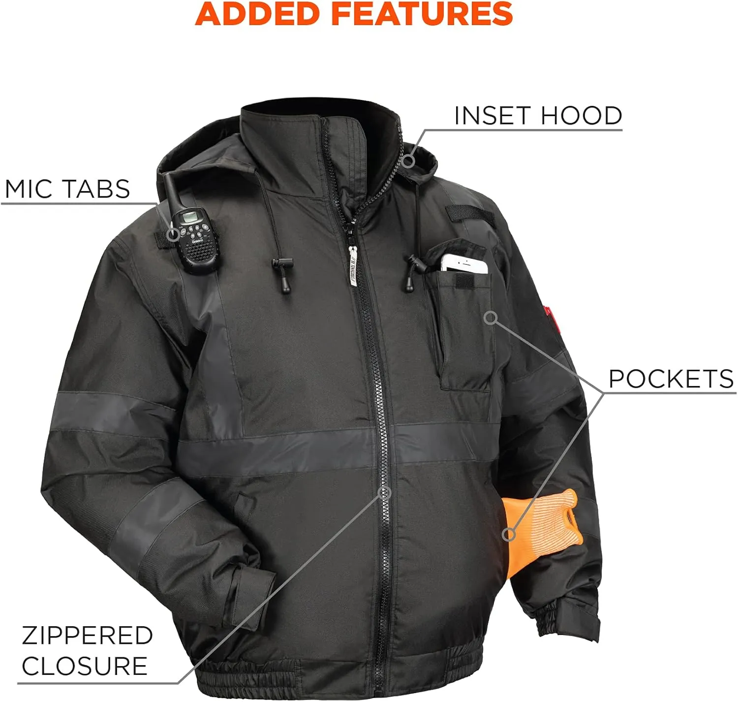 Ergodyne GloWear 8377EV Reflective Winter Bomber Jacket, Enhanced Visibility for Night or Low Light Conditions, Thermal Insulation, Water Resistant , Black , XX-Large