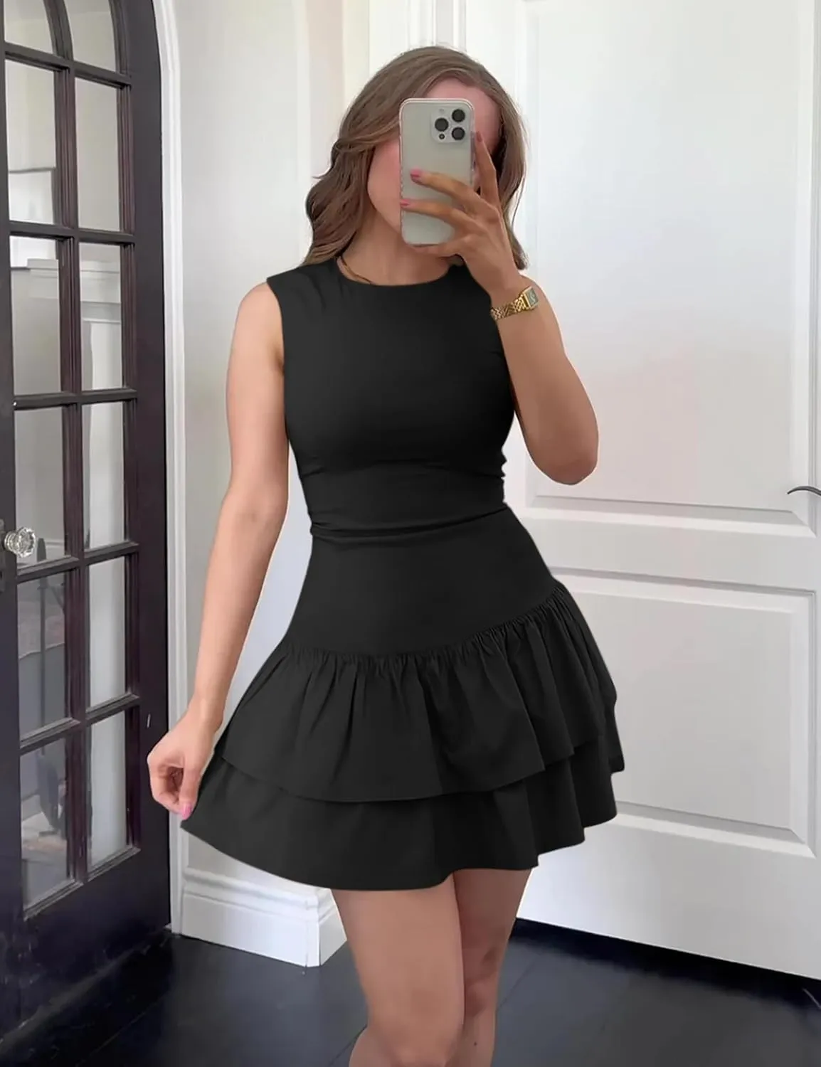 GOKATOSAU Women's Summer Round Neck Cap Sleeve Bodycon Tiered Ruffle Hem Mini Dress