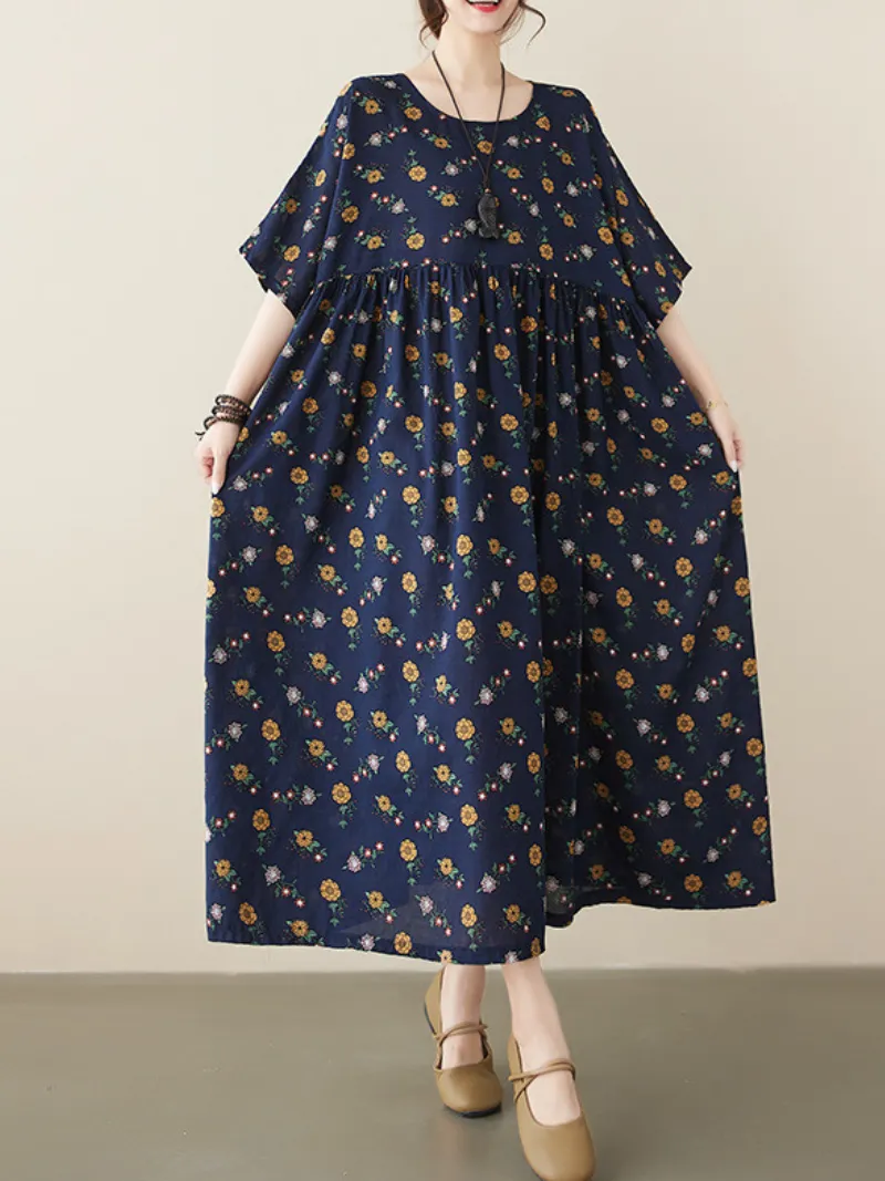 In My Dreams Women's Cotton Round Neck Smock Dress