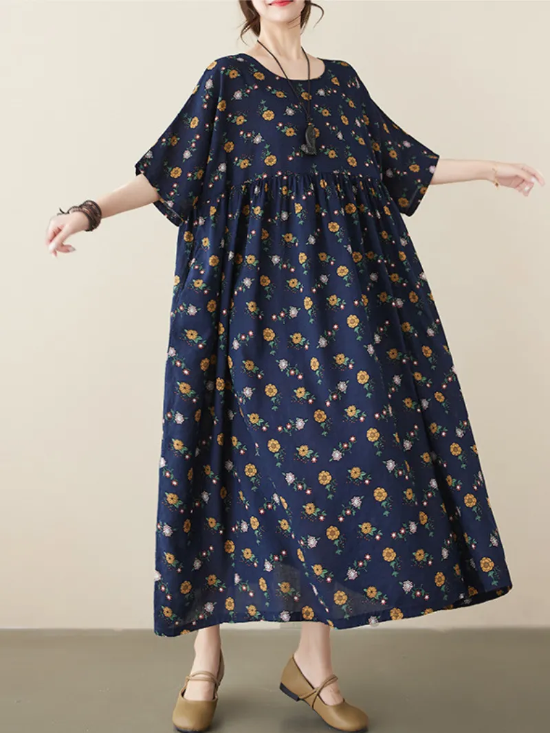 In My Dreams Women's Cotton Round Neck Smock Dress