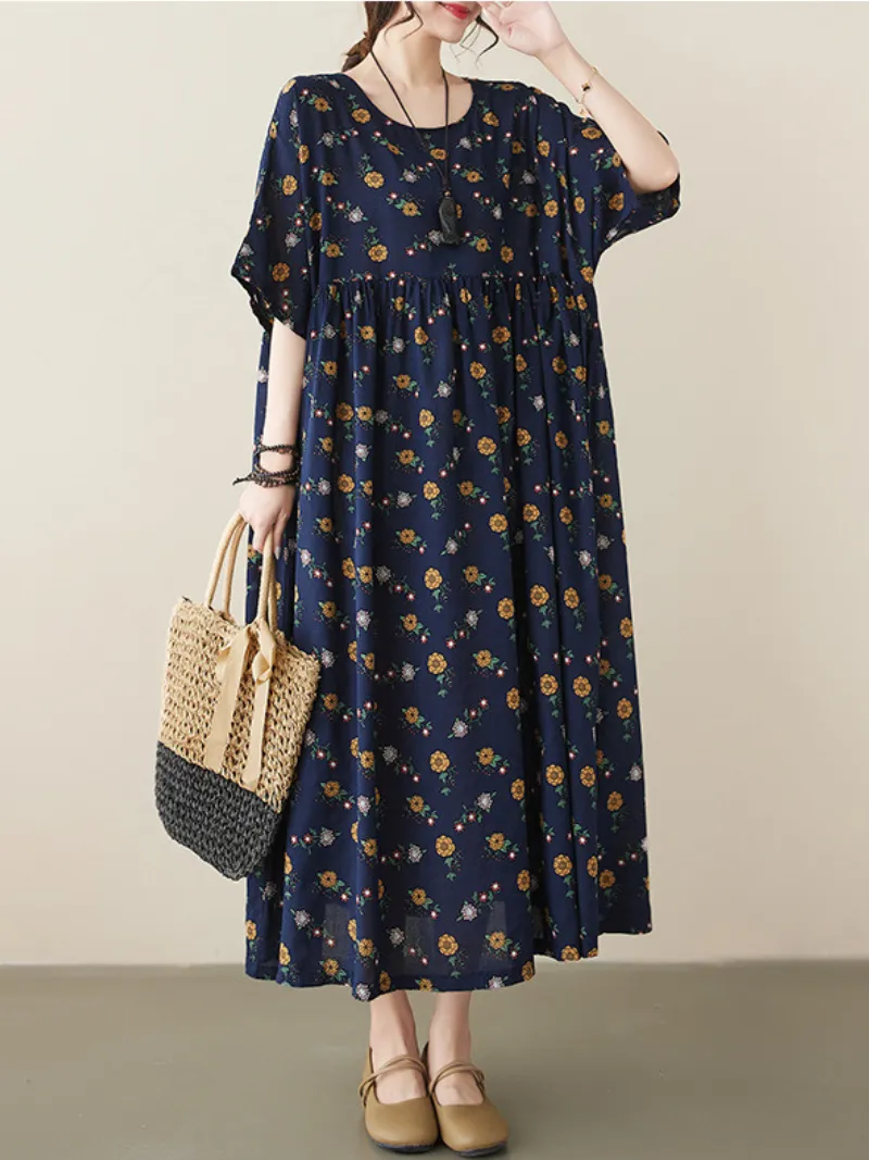 In My Dreams Women's Cotton Round Neck Smock Dress