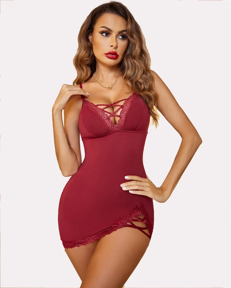 Lace V-Neck Full Slip Side Slit Sleep Dress