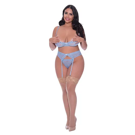 Magic Silk Ooh La Lace Demi Bra: Garter & Tanga Set Periwinkle Queen Size