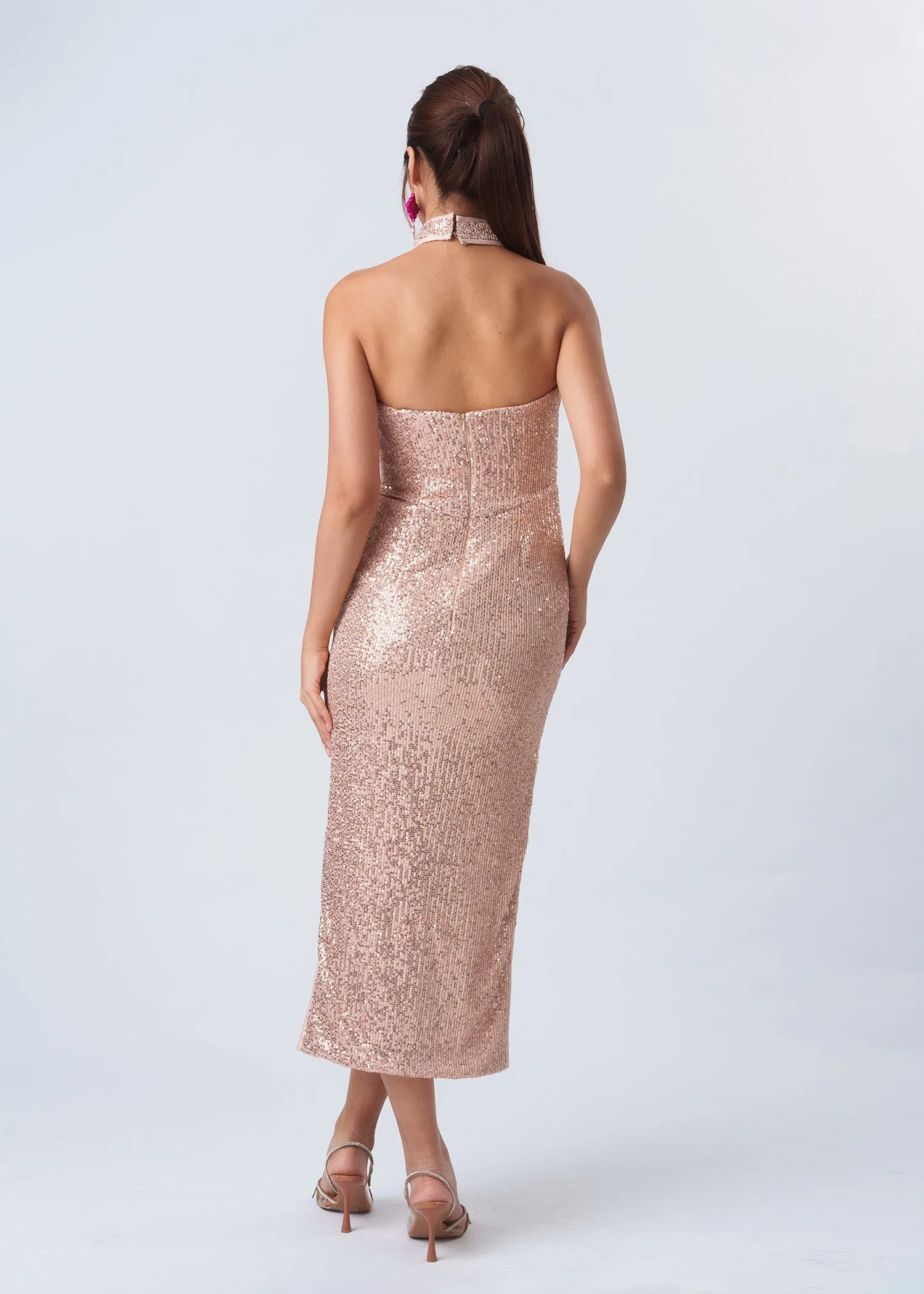 Mandarin Glow Tube Dress w Detachable Collar (Champagne) - RTW