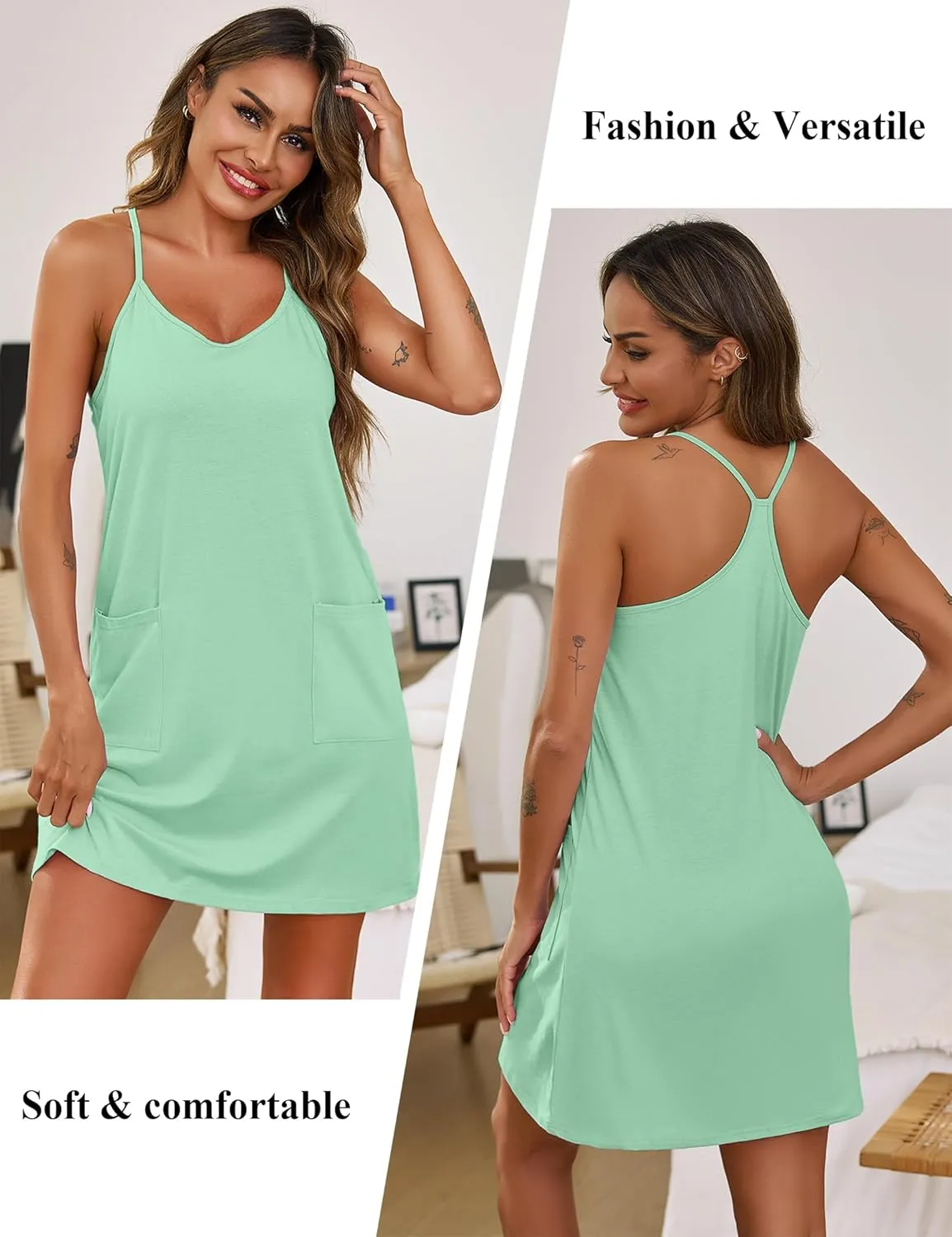 Marvmys Women's Sleeveless Short Nightgowns Racerback Sleep Dress with Pockets Scoop Neck Chemise Sleepwear