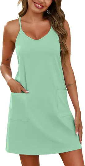 Marvmys Women's Sleeveless Short Nightgowns Racerback Sleep Dress with Pockets Scoop Neck Chemise Sleepwear