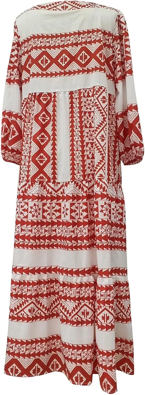 Maxi Boho Dresses for Women 2025 Casual Loose Fitting Puff Sleeve Long Flowy Dress Comfy V Neck Tiered Bohemian Dress