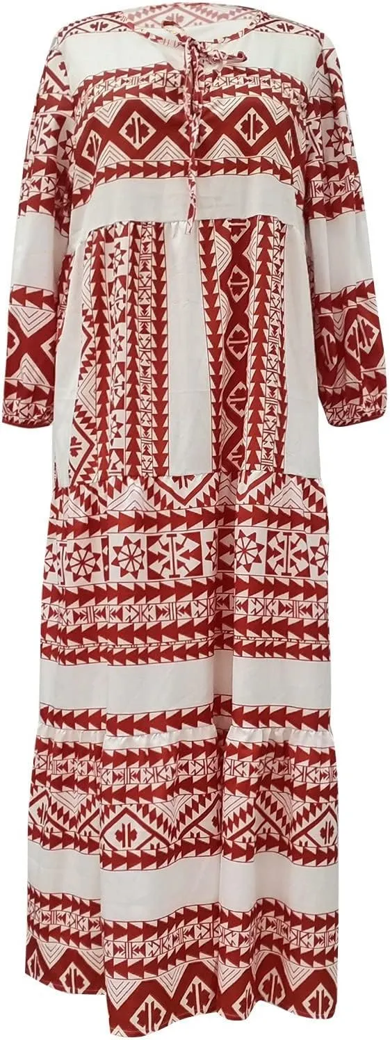 Maxi Boho Dresses for Women 2025 Casual Loose Fitting Puff Sleeve Long Flowy Dress Comfy V Neck Tiered Bohemian Dress