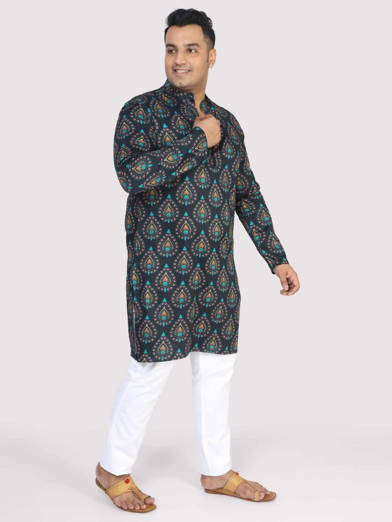 Men Plus Size Black Paisley Digital Printed Kurta