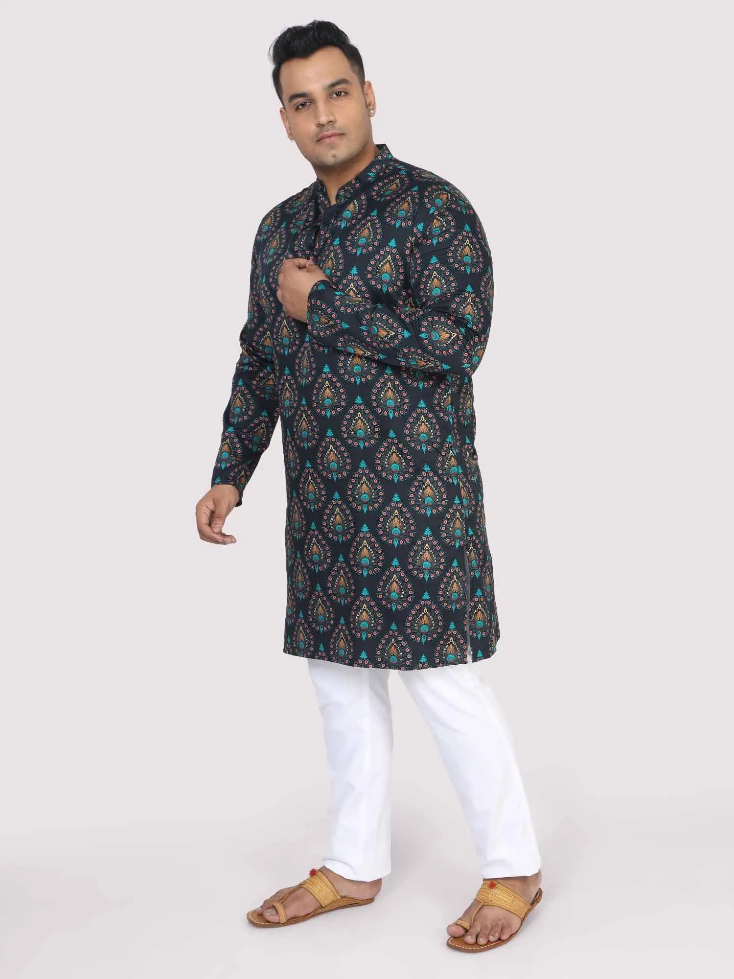 Men Plus Size Black Paisley Digital Printed Kurta