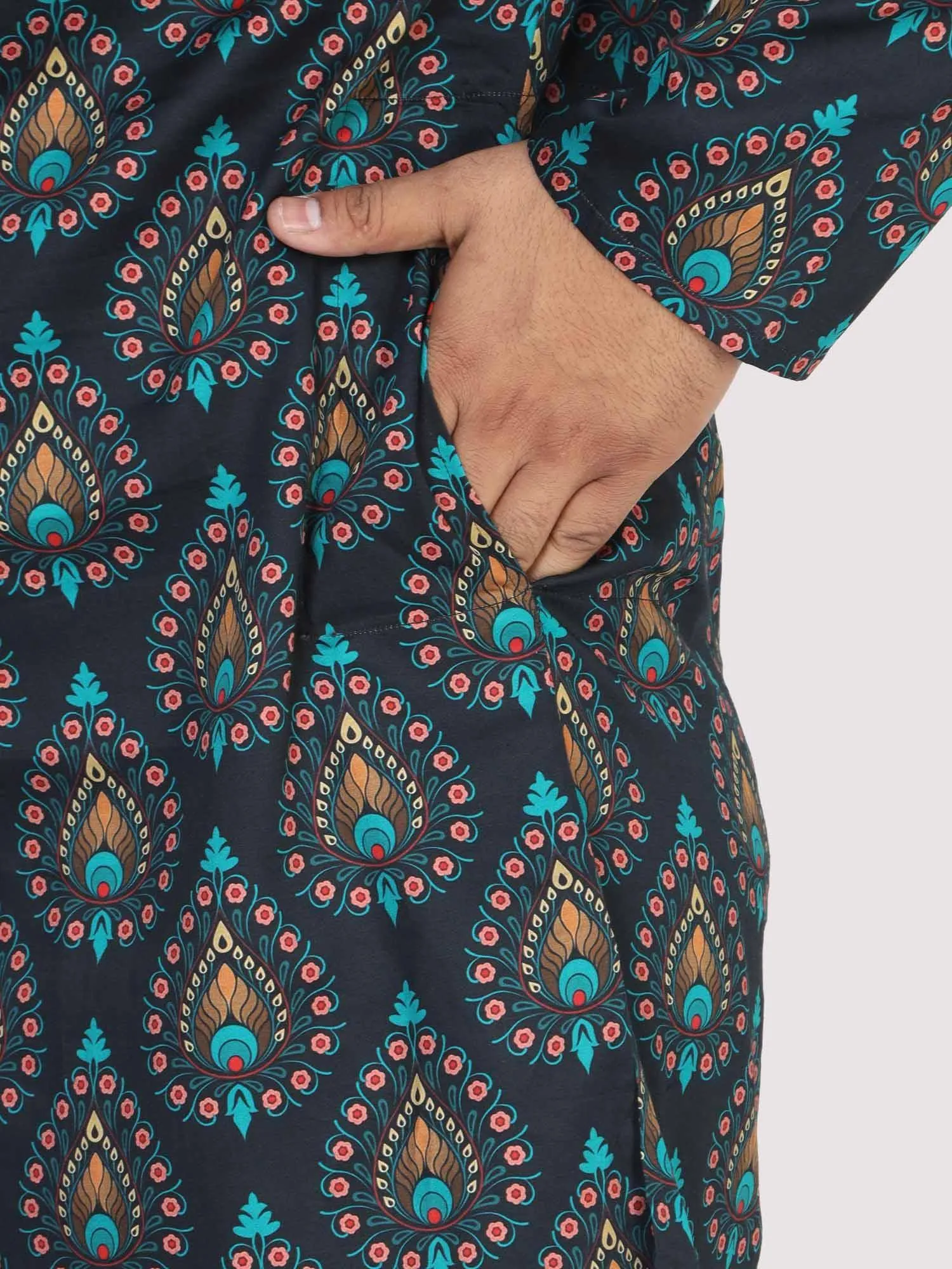 Men Plus Size Black Paisley Digital Printed Kurta