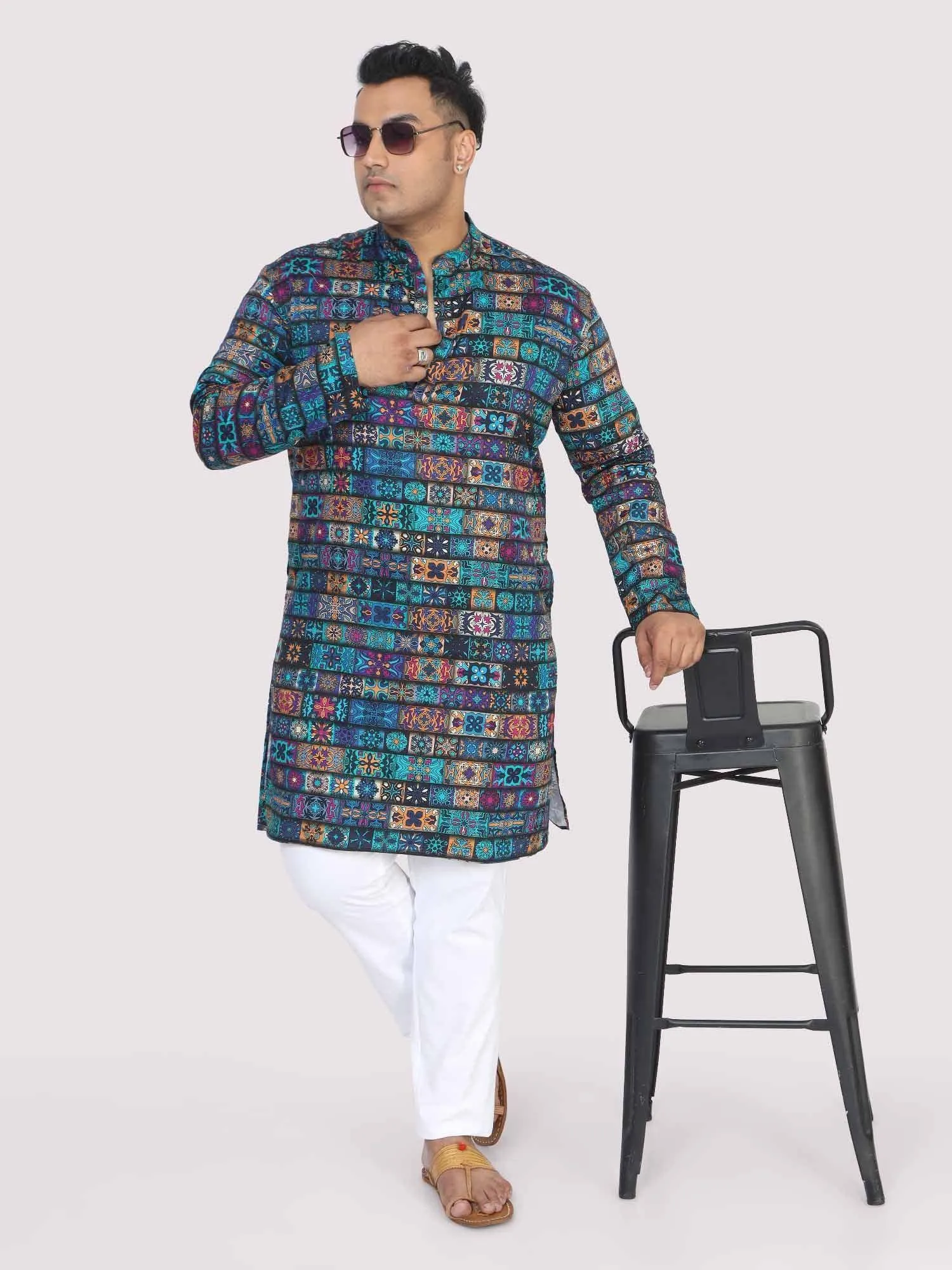 Men Plus Size Blue Royal Digital Printed Kurta Festive