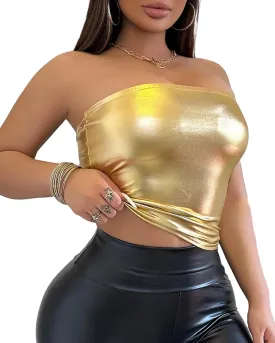 Metallic Tube Top for Women - Stretchy Shiny Strapless Elastic Bandeau Bra Crop | Clubwear, Party, Festival, Dancing