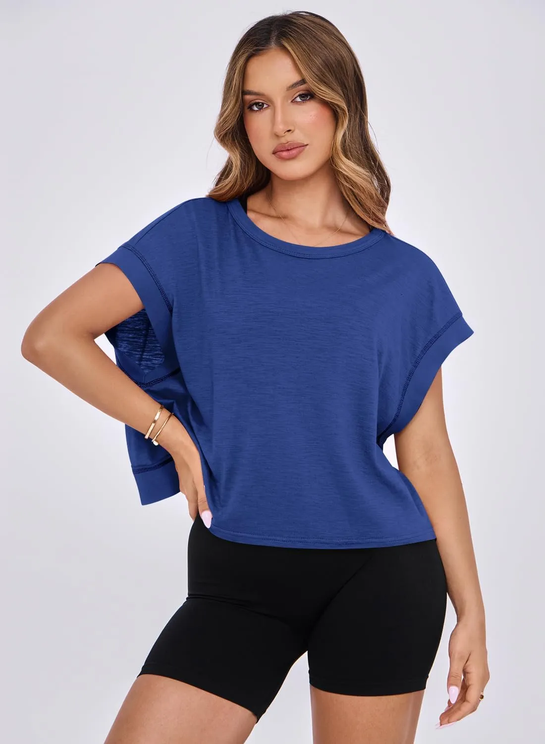 MIHOLL Womens Oversized Workout Crop Tops Open Back Casual Short Sleeve Crew Neck Cotton Loose Boxy Tshirts