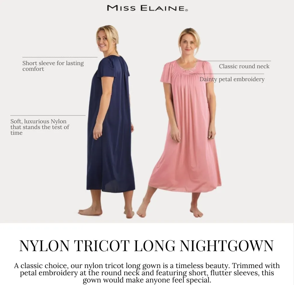 Miss Elaine Nightgown - Women's Long Tricot Nightgown, Short Flutter Sleeves, Comfortable Lightweight Fabric, Sleepwear