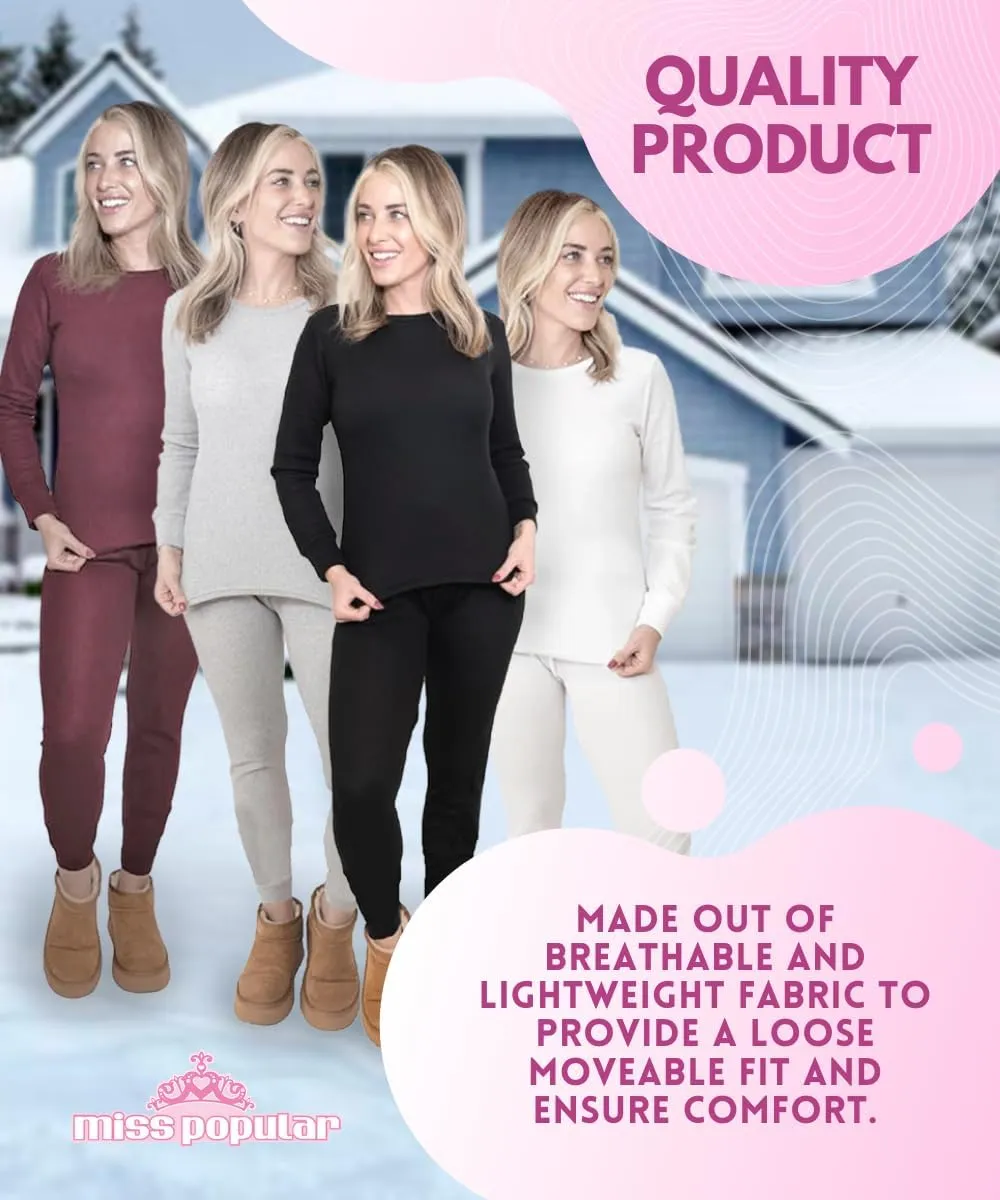 MISS POPULAR Womens 2-Piece Waffle Thermals Set | Long Sleeve Shirt, Pants | Thermal Base Layer Set for Cold Weather