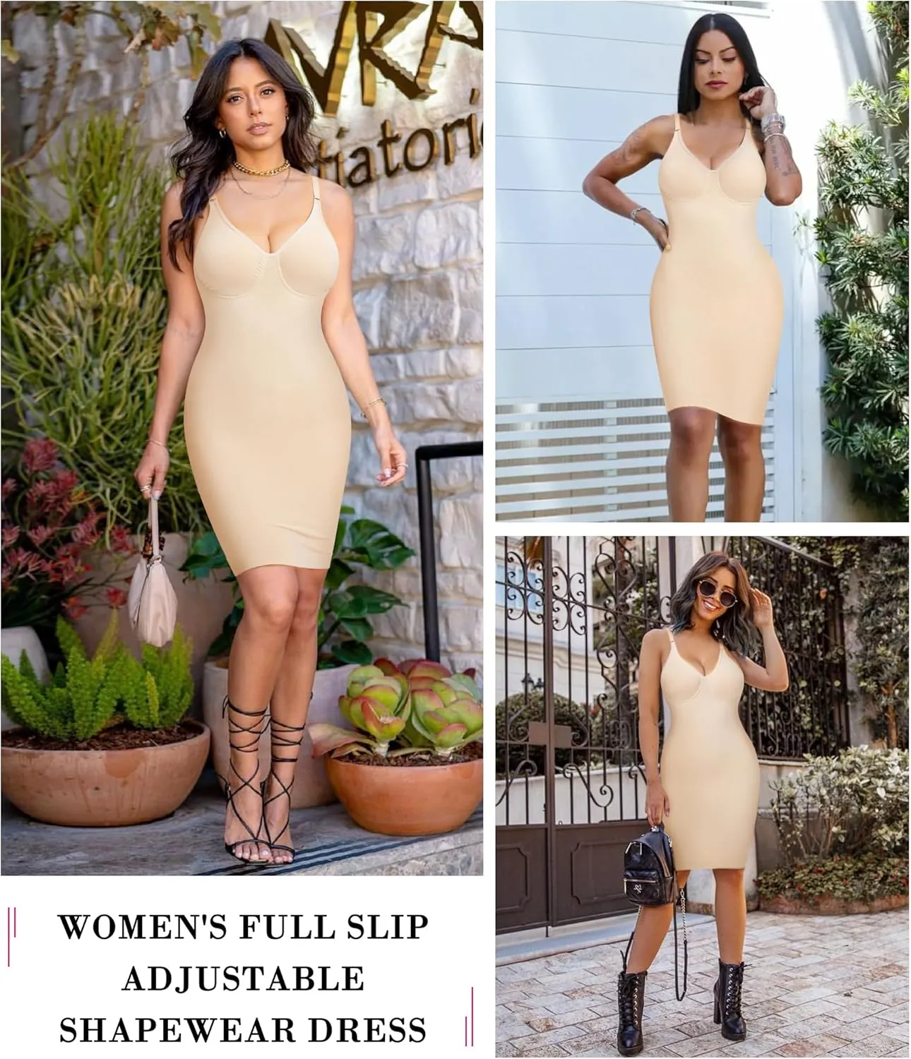 Nebility Women Shapewear Dress Full Slip Tummy Control Body Shaper V Neck Adjustable Spaghetti Strap