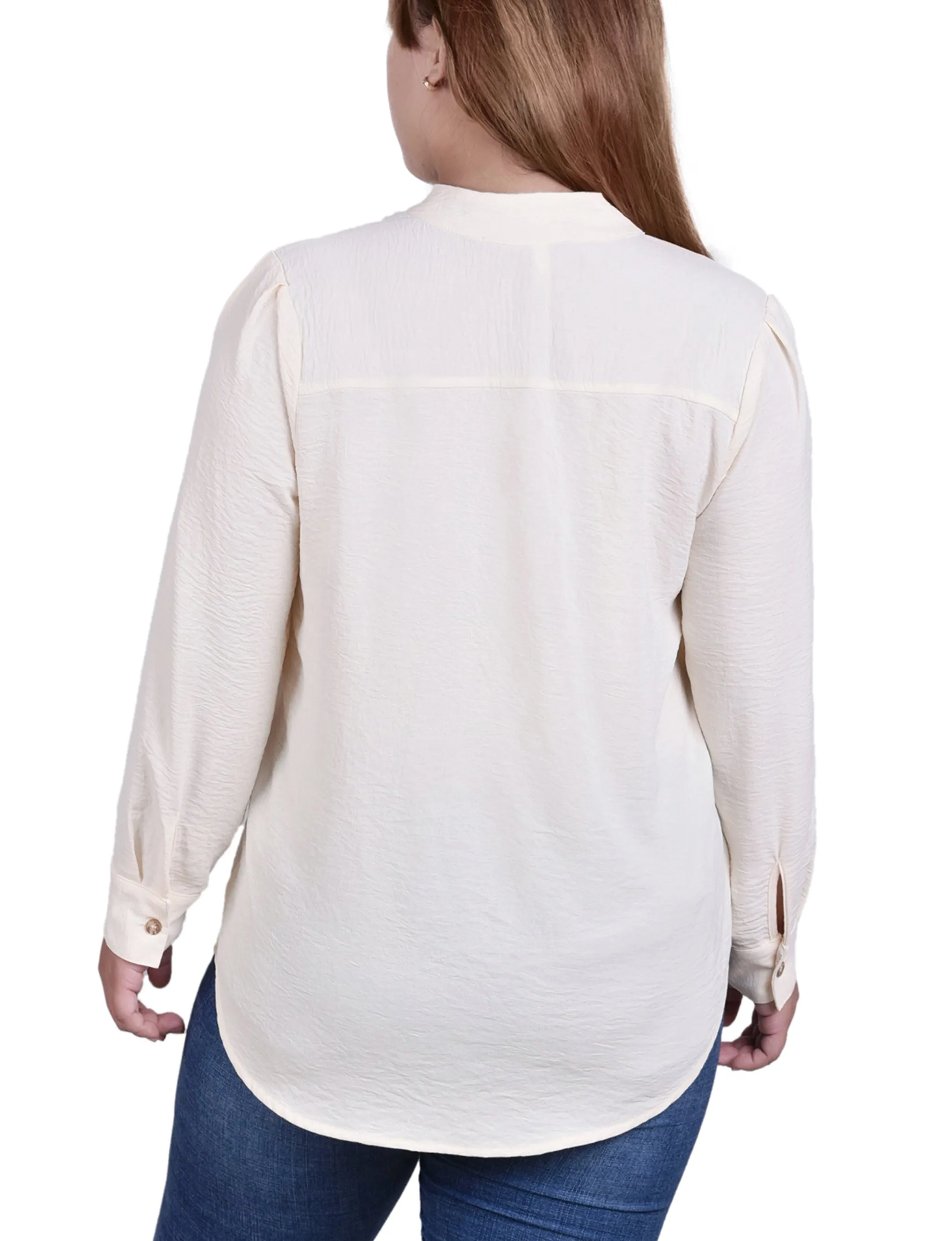 Plus Size Long Sleeve Button Mandarin Collar Blouse