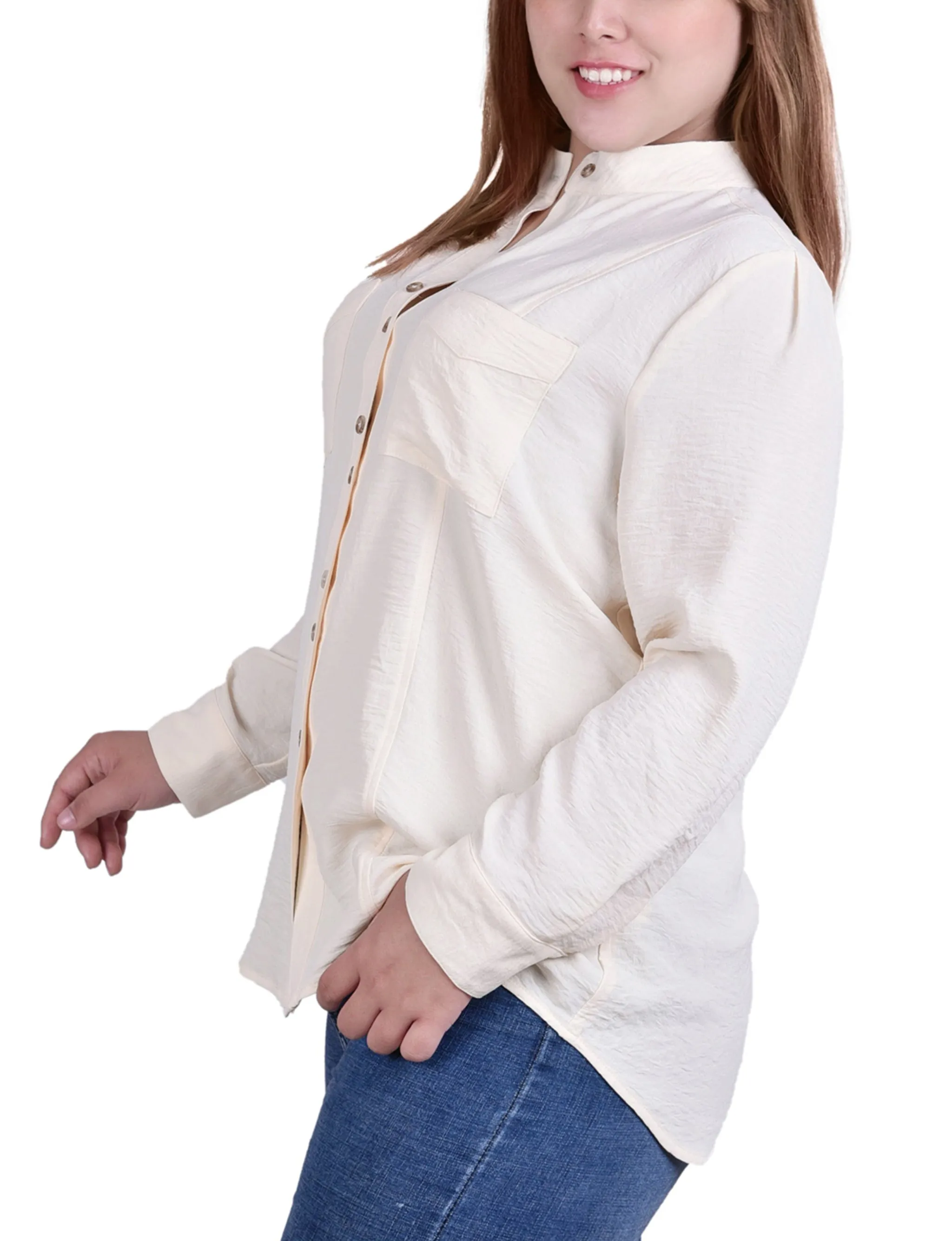 Plus Size Long Sleeve Button Mandarin Collar Blouse